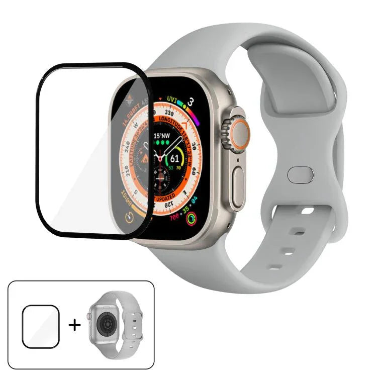 Bracelet de montre en silicone avec boucle papillon et film incurvé 3D, compatible avec Apple Watch Series 40 mm, Apple Watch Ultra 2/1 49 mm et Apple Watch Series 45 mm.