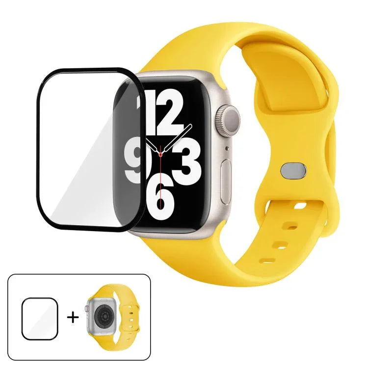 Bracelet de montre en silicone avec boucle papillon et film incurvé 3D, compatible avec Apple Watch Series 40 mm, Apple Watch Ultra 2/1 49 mm et Apple Watch Series 45 mm.