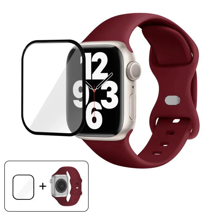 Bracelet de montre en silicone avec boucle papillon et film incurvé 3D, compatible avec Apple Watch Series 40 mm, Apple Watch Ultra 2/1 49 mm et Apple Watch Series 45 mm.