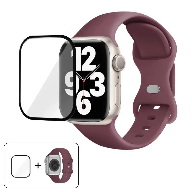 Bracelet de montre en silicone avec boucle papillon et film incurvé 3D, compatible avec Apple Watch Series 41 mm, Apple Watch Series 38 mm et Apple Watch Series 42 mm.