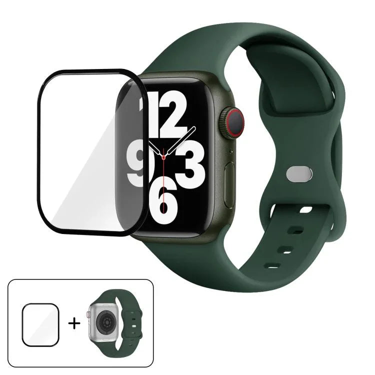 Bracelet de montre en silicone avec boucle papillon et film incurvé 3D, compatible avec Apple Watch Series 41 mm, Apple Watch Series 38 mm et Apple Watch Series 42 mm.