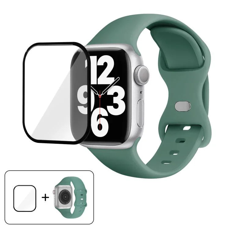 Bracelet de montre en silicone avec boucle papillon et film incurvé 3D, compatible avec Apple Watch Series 41 mm, Apple Watch Series 38 mm et Apple Watch Series 42 mm.
