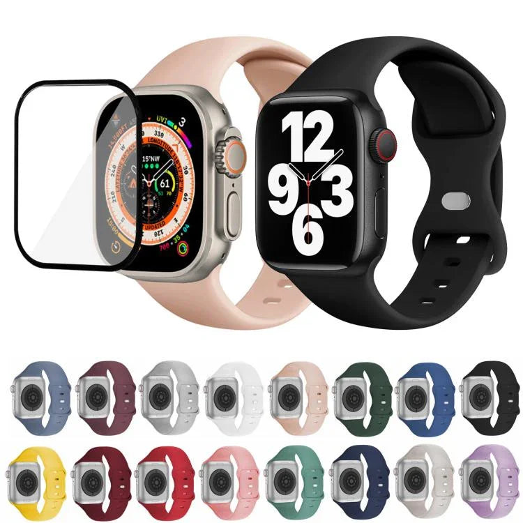 Bracelet de montre en silicone avec boucle papillon et film incurvé 3D, compatible avec Apple Watch Series 40 mm, Apple Watch Ultra 2/1 49 mm et Apple Watch Series 45 mm.