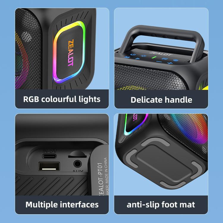 Enceinte Bluetooth stéréo RGB portable extérieure IPX6 Zealot PT01 30W, PT01