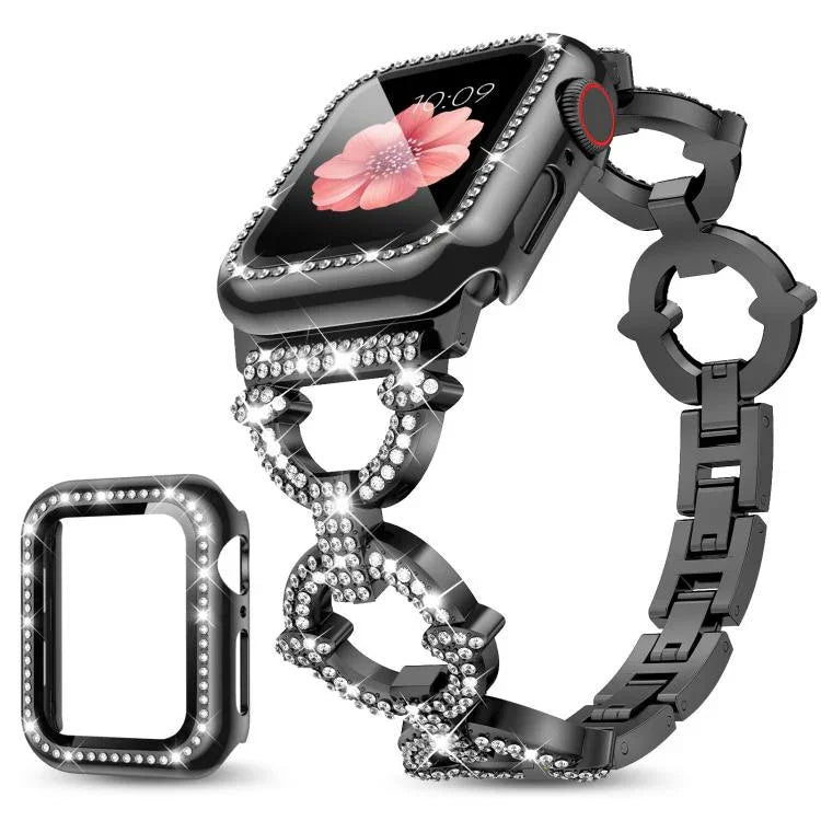 Bracelet de montre xDfind en métal à motif diamant en forme de O avec film trempé et revêtement en polycarbonate intégré, compatible avec Apple Watch Series 10 46 mm, 42 mm, 44 mm, 40 mm et Apple Watch Ultra 2/1 49 mm…