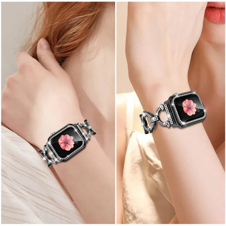 Bracelet de montre xDfind en métal à motif diamant en forme de O avec film trempé et revêtement en polycarbonate intégré, compatible avec Apple Watch Series 10 46 mm, 42 mm, 44 mm, 40 mm et Apple Watch Ultra 2/1 49 mm…