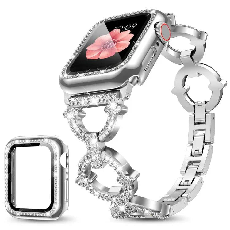 Bracelet de montre xDfind en métal à motif diamant en forme de O avec film trempé et revêtement en polycarbonate intégré, compatible avec Apple Watch Series 10 46 mm, 42 mm, 44 mm, 40 mm et Apple Watch Ultra 2/1 49 mm…