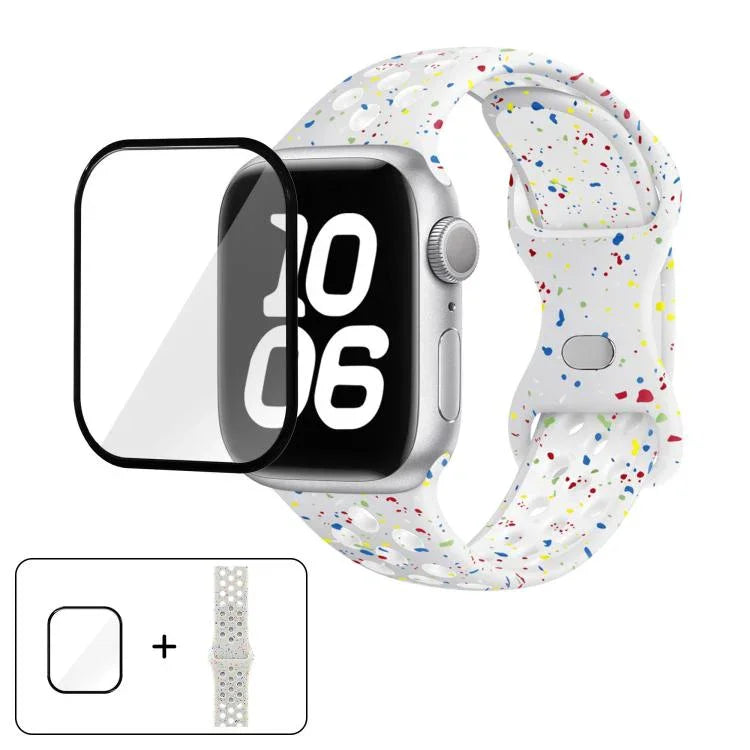 Bracelet de montre en silicone à boucle papillon et pois colorés avec film incurvé 3D, pour Apple Watch Series 42 mm