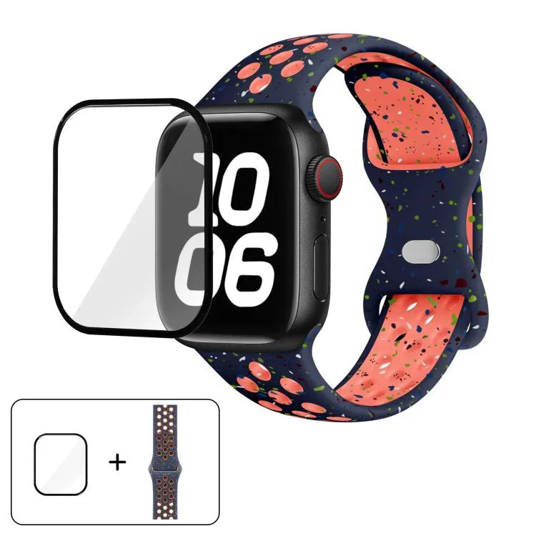 Bracelet de montre en silicone à boucle papillon et pois colorés avec film incurvé 3D, pour Apple Watch Series 42 mm