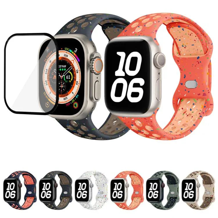 Bracelet de montre en silicone à boucle papillon et pois colorés avec film incurvé 3D, pour Apple Watch Series 42 mm