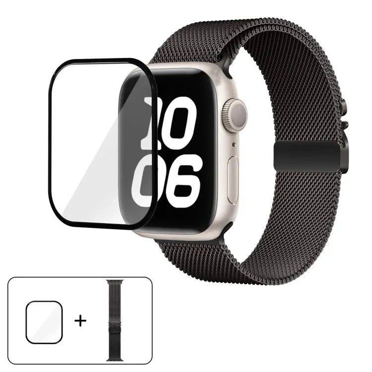 Bracelet de montre en acier inoxydable avec boucle milanaise et film incurvé 3D, compatible avec Apple Watch Series 10 46 mm, 42 mm, 44 mm, 40 mm et Apple Watch Ultra 2/1 49 mm…
