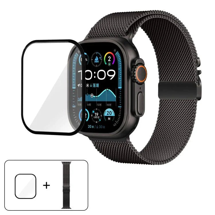 Bracelet de montre en acier inoxydable avec boucle milanaise et film incurvé 3D, compatible avec Apple Watch Series 10 46 mm, 42 mm, 44 mm, 40 mm et Apple Watch Ultra 2/1 49 mm…
