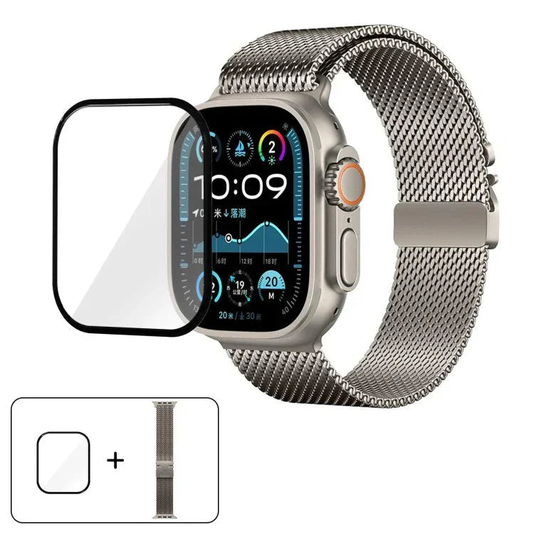 Bracelet de montre en acier inoxydable avec boucle milanaise et film incurvé 3D, compatible avec Apple Watch Series 10 46 mm, 42 mm, 44 mm, 40 mm et Apple Watch Ultra 2/1 49 mm…