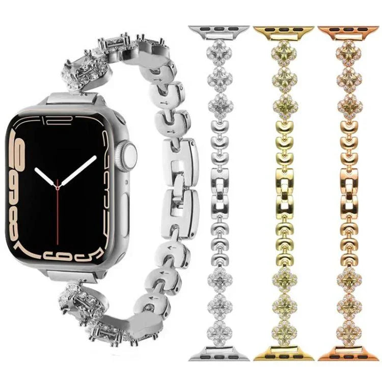 Bracelet de montre xDfind en métal à motif trèfle à quatre feuilles et diamants, compatible avec Apple Watch 42/44/45/46/49 mm et Apple Watch 38/40/41/S10 42 mm.