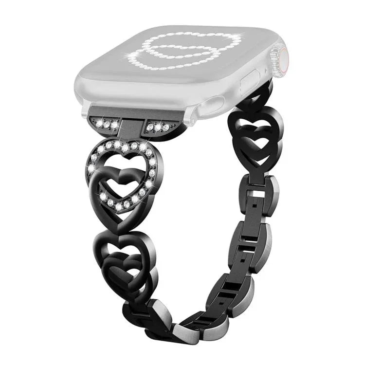 Bracelet de montre xDfind Double Cœur Diamant Métallique, pour Apple Watch 42/44/45/46/49 mm et Apple Watch 38/40/41/S10 42 mm