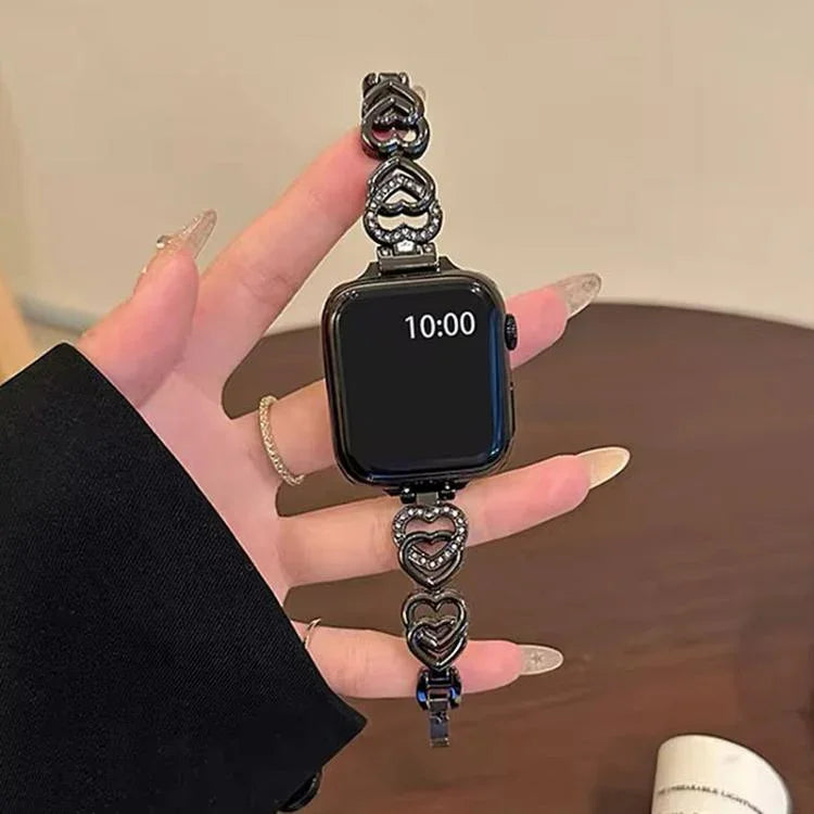 Bracelet de montre xDfind Double Cœur Diamant Métallique, pour Apple Watch 42/44/45/46/49 mm et Apple Watch 38/40/41/S10 42 mm