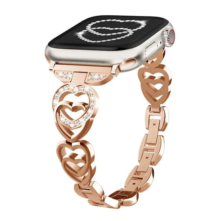 Bracelet de montre xDfind Double Cœur Diamant Métallique, pour Apple Watch 42/44/45/46/49 mm et Apple Watch 38/40/41/S10 42 mm