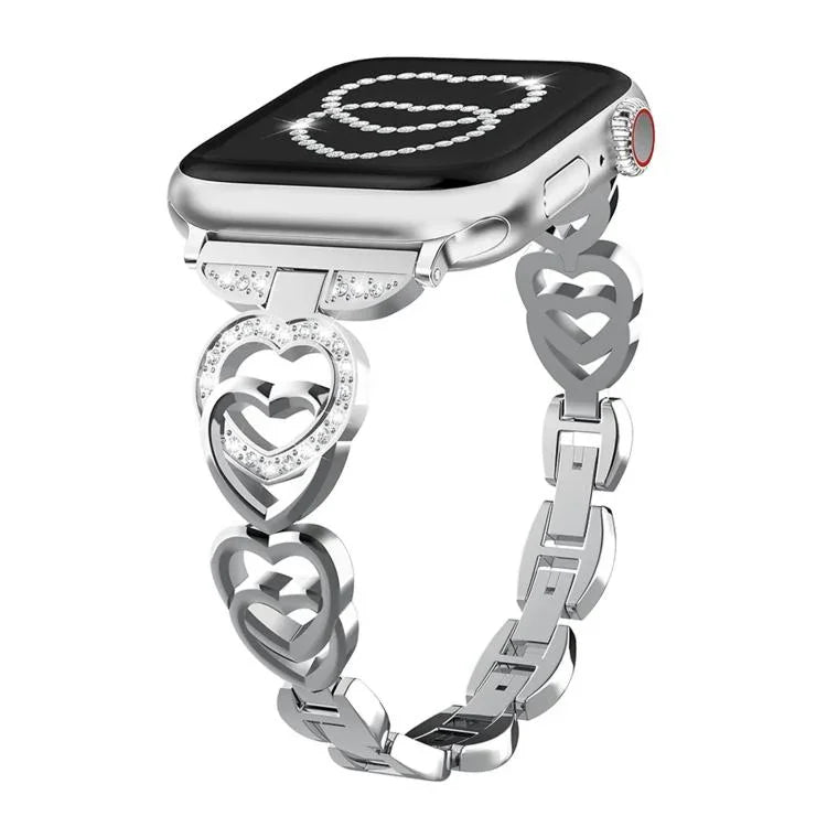 Bracelet de montre xDfind Double Cœur Diamant Métallique, pour Apple Watch 42/44/45/46/49 mm et Apple Watch 38/40/41/S10 42 mm