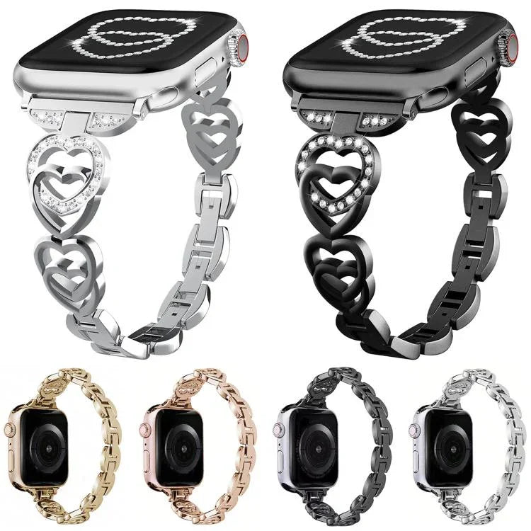 Bracelet de montre xDfind Double Cœur Diamant Métallique, pour Apple Watch 42/44/45/46/49 mm et Apple Watch 38/40/41/S10 42 mm