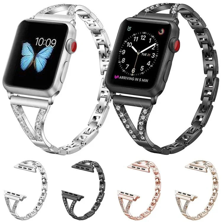 Bracelet de montre xDfind en acier inoxydable à chevrons et diamants, compatible avec Apple Watch 42/44/45/46/49 mm et Apple Watch 38/40/41/S10 42 mm.
