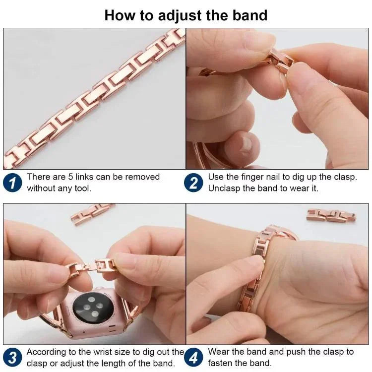 Bracelet de montre xDfind en acier inoxydable à chevrons et diamants, compatible avec Apple Watch 42/44/45/46/49 mm et Apple Watch 38/40/41/S10 42 mm.
