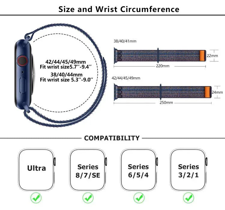 Bracelet de montre en nylon avec film incurvé 3D, pour Apple Watch Series 41 mm, Apple Watch Series 38 mm et Apple Watch Series 42 mm.
