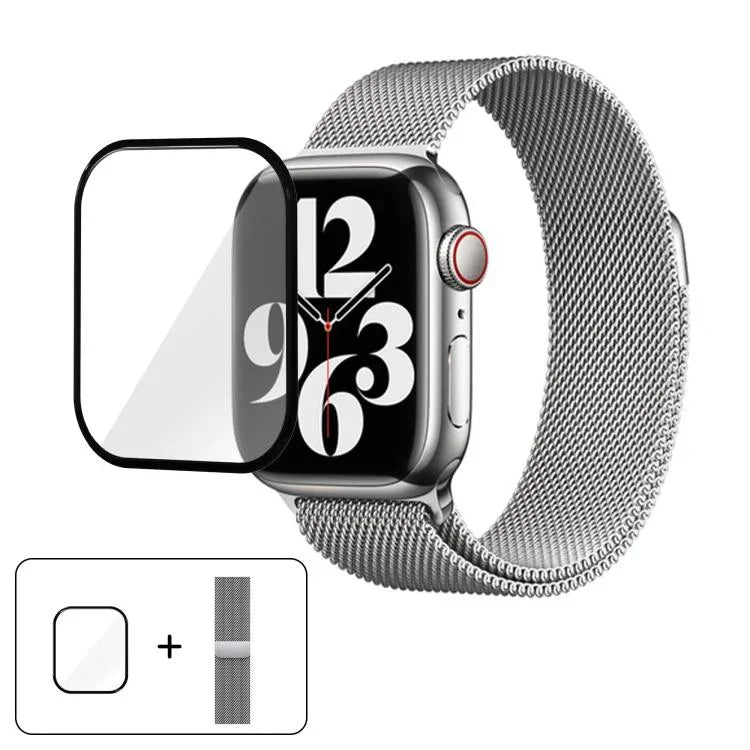 Bracelet de montre milanais en acier inoxydable avec film incurvé 3D, pour Apple Watch Series 41 mm, Apple Watch Series 38 mm et Apple Watch Series 42 mm.