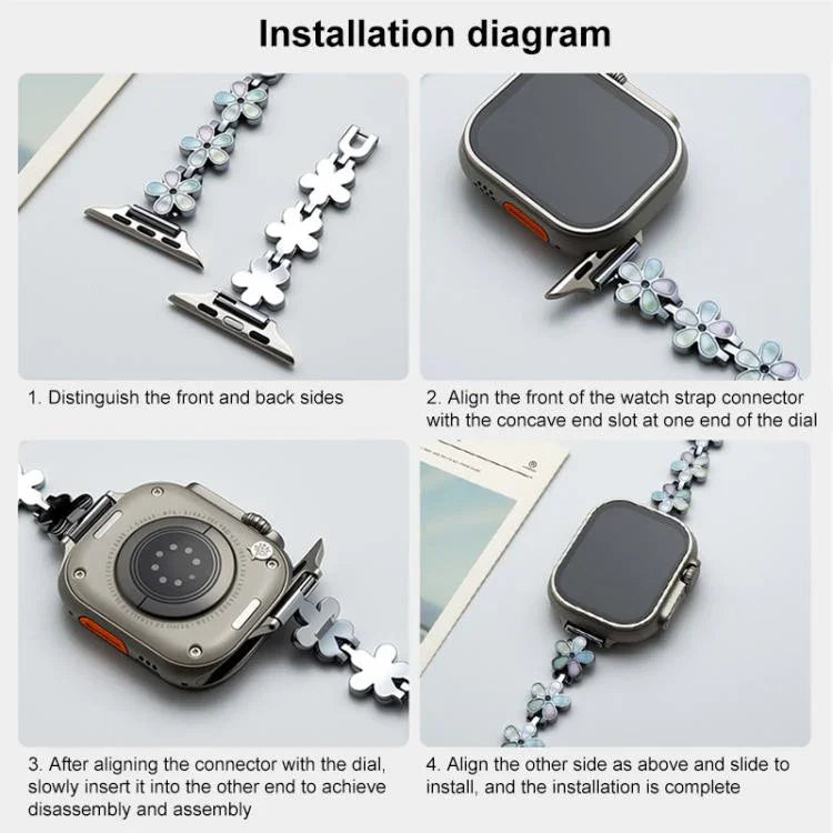 Bracelet de montre en métal xDfind motif pétale de soleil, compatible avec Apple Watch 42/44/45/46/49 mm et Apple Watch 38/40/41/S10 42 mm.