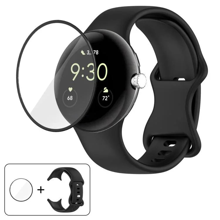 Bracelet de montre en silicone à boucle papillon avec film incurvé 3D, pour Google Pixel Watch 3 45 mm, pour Google Pixel Watch 3 41 mm, pour Google Pixel Watch 2, pour Google Pixel Watch
