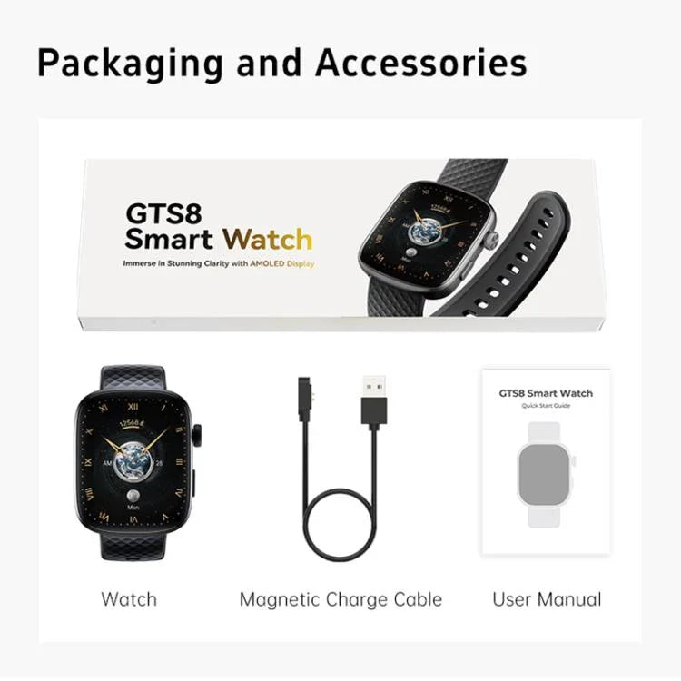 Montre connectée GTS8 avec écran AMOLED de 1,95 pouce, suivi d'activité physique et surveillance de la fréquence cardiaque