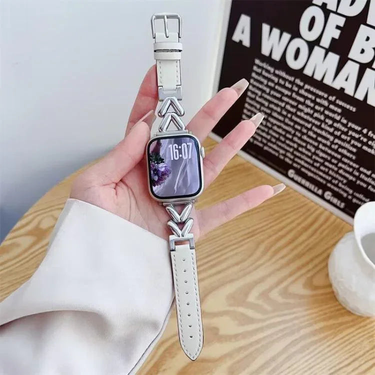 Bracelet de montre hybride en métal et cuir en forme de V xDfind, compatible avec Apple Watch 42/44/45/46/49 mm et Apple Watch 38/40/41/S10 42 mm.