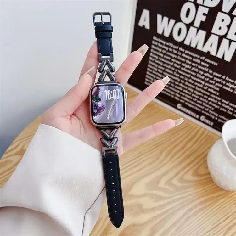 Bracelet de montre hybride en métal et cuir en forme de V xDfind, compatible avec Apple Watch 42/44/45/46/49 mm et Apple Watch 38/40/41/S10 42 mm.