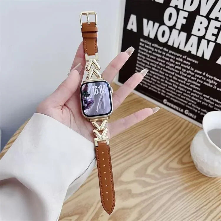 Bracelet de montre hybride en métal et cuir en forme de V xDfind, compatible avec Apple Watch 42/44/45/46/49 mm et Apple Watch 38/40/41/S10 42 mm.
