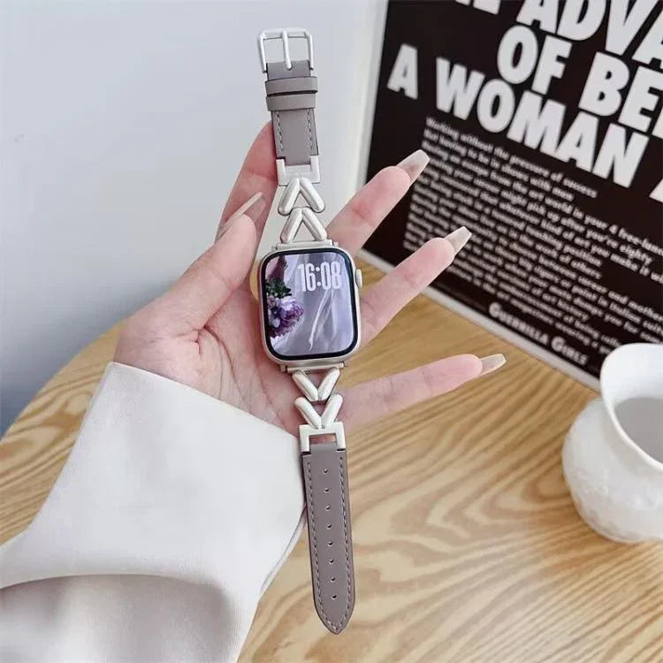 Bracelet de montre hybride en métal et cuir en forme de V xDfind, compatible avec Apple Watch 42/44/45/46/49 mm et Apple Watch 38/40/41/S10 42 mm.