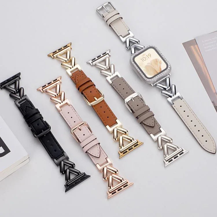 Bracelet de montre hybride en métal et cuir en forme de V xDfind, compatible avec Apple Watch 42/44/45/46/49 mm et Apple Watch 38/40/41/S10 42 mm.