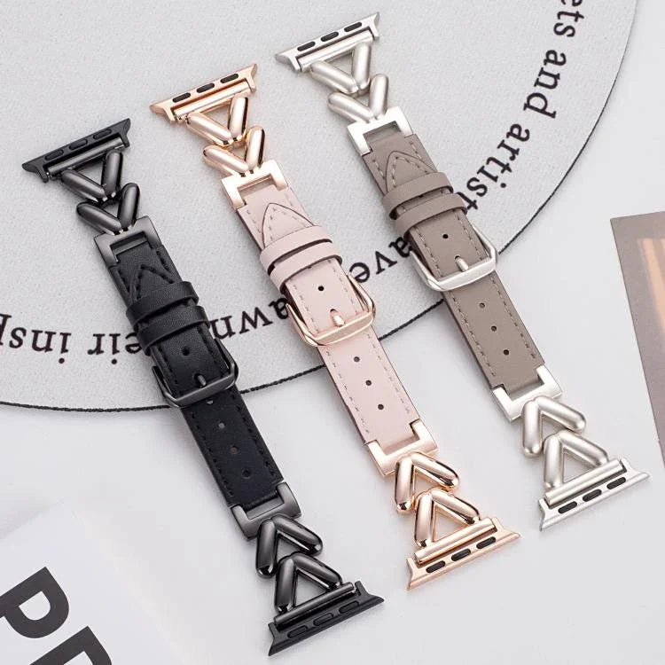 Bracelet de montre hybride en métal et cuir en forme de V xDfind, compatible avec Apple Watch 42/44/45/46/49 mm et Apple Watch 38/40/41/S10 42 mm.