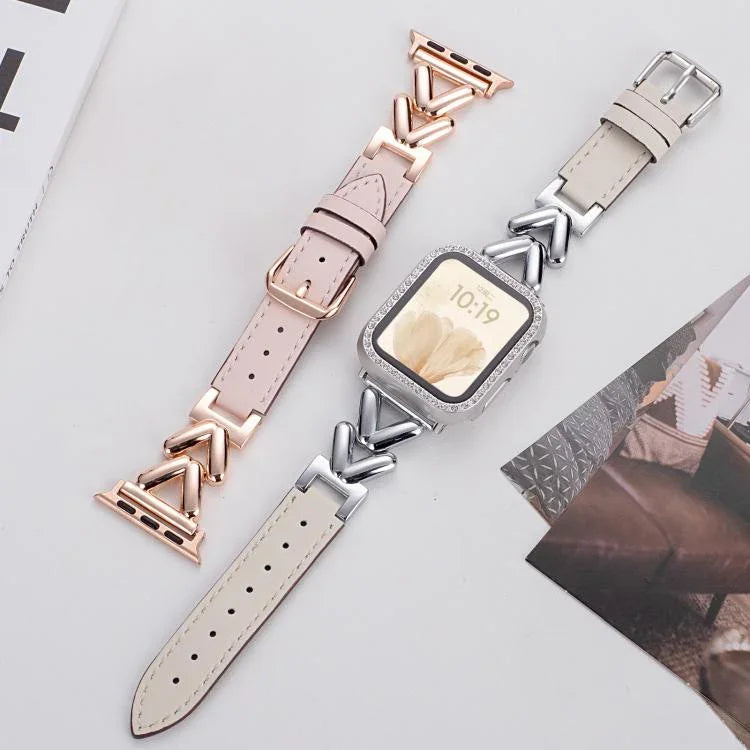 Bracelet de montre hybride en métal et cuir en forme de V xDfind, compatible avec Apple Watch 42/44/45/46/49 mm et Apple Watch 38/40/41/S10 42 mm.