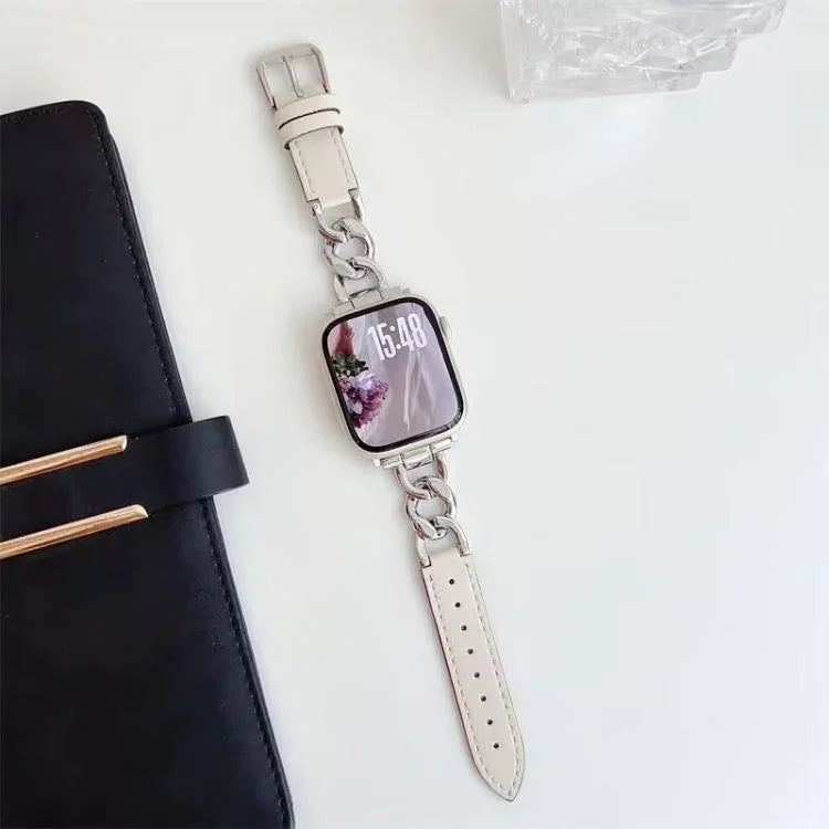 Bracelet de montre hybride en cuir et métal avec chaîne en denim xDfind, compatible avec Apple Watch 42/44/45/46/49 mm et Apple Watch 38/40/41/S10 42 mm.