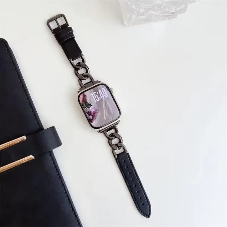 Bracelet de montre hybride en cuir et métal avec chaîne en denim xDfind, compatible avec Apple Watch 42/44/45/46/49 mm et Apple Watch 38/40/41/S10 42 mm.