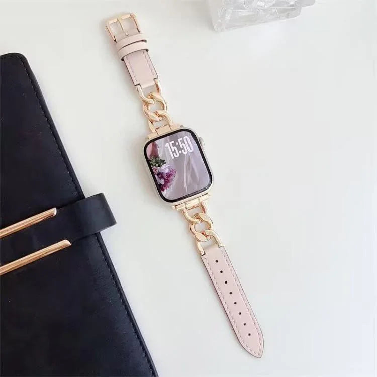 Bracelet de montre hybride en cuir et métal avec chaîne en denim xDfind, compatible avec Apple Watch 42/44/45/46/49 mm et Apple Watch 38/40/41/S10 42 mm.