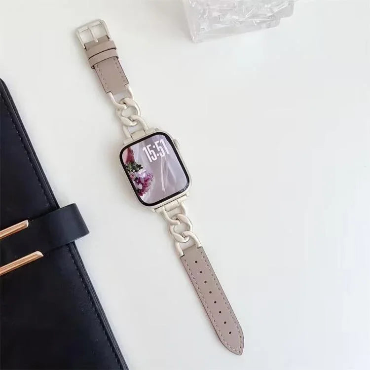 Bracelet de montre hybride en cuir et métal avec chaîne en denim xDfind, compatible avec Apple Watch 42/44/45/46/49 mm et Apple Watch 38/40/41/S10 42 mm.