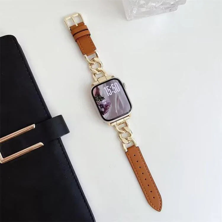 Bracelet de montre hybride en cuir et métal avec chaîne en denim xDfind, compatible avec Apple Watch 42/44/45/46/49 mm et Apple Watch 38/40/41/S10 42 mm.
