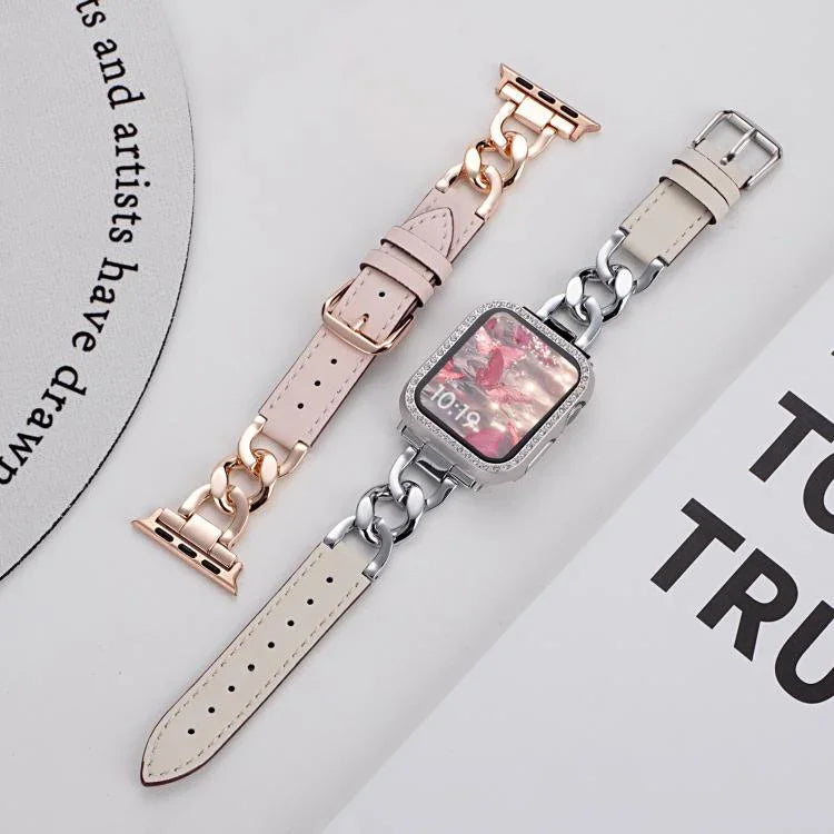 Bracelet de montre hybride en cuir et métal avec chaîne en denim xDfind, compatible avec Apple Watch 42/44/45/46/49 mm et Apple Watch 38/40/41/S10 42 mm.