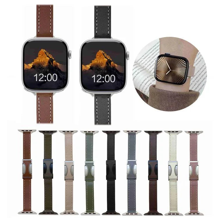 Bracelet de montre en cuir véritable lisse de 14 mm avec boucle magnétique, compatible avec les Apple Watch 46 mm / 49 mm / 45 mm / 44 mm et 42 mm / 41 mm / 40 mm / 38 mm.