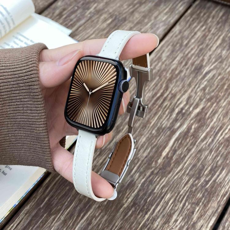Bracelet de montre en cuir véritable lisse de 14 mm avec boucle magnétique, compatible avec les Apple Watch 46 mm / 49 mm / 45 mm / 44 mm et 42 mm / 41 mm / 40 mm / 38 mm.
