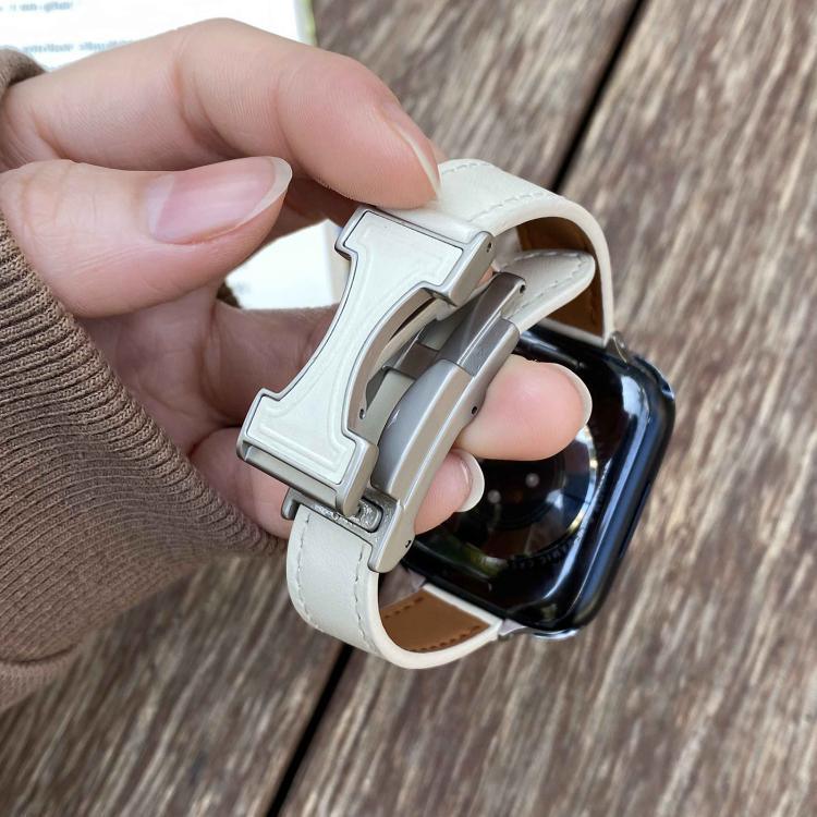 Bracelet de montre en cuir véritable lisse de 14 mm avec boucle magnétique, compatible avec les Apple Watch 46 mm / 49 mm / 45 mm / 44 mm et 42 mm / 41 mm / 40 mm / 38 mm.