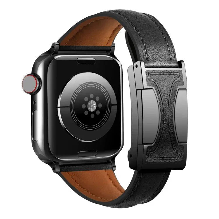 Bracelet de montre en cuir véritable uni, fin et à boucle magnétique, compatible avec Apple Watch 46 mm / 49 mm / 45 mm / 44 mm et Apple Watch 42 mm / 41 mm / 40 mm / 38 mm.