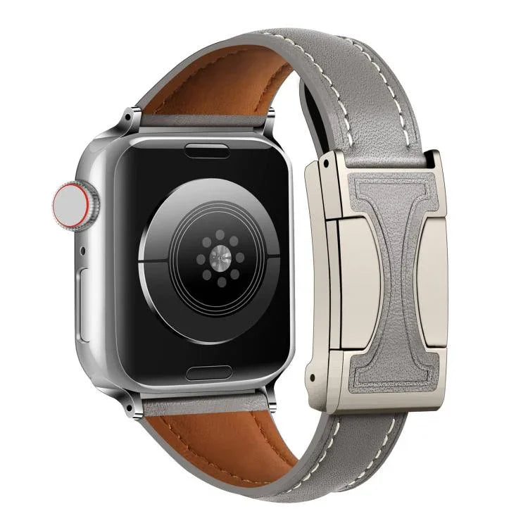 Bracelet de montre en cuir véritable uni, fin et à boucle magnétique, compatible avec Apple Watch 46 mm / 49 mm / 45 mm / 44 mm et Apple Watch 42 mm / 41 mm / 40 mm / 38 mm.