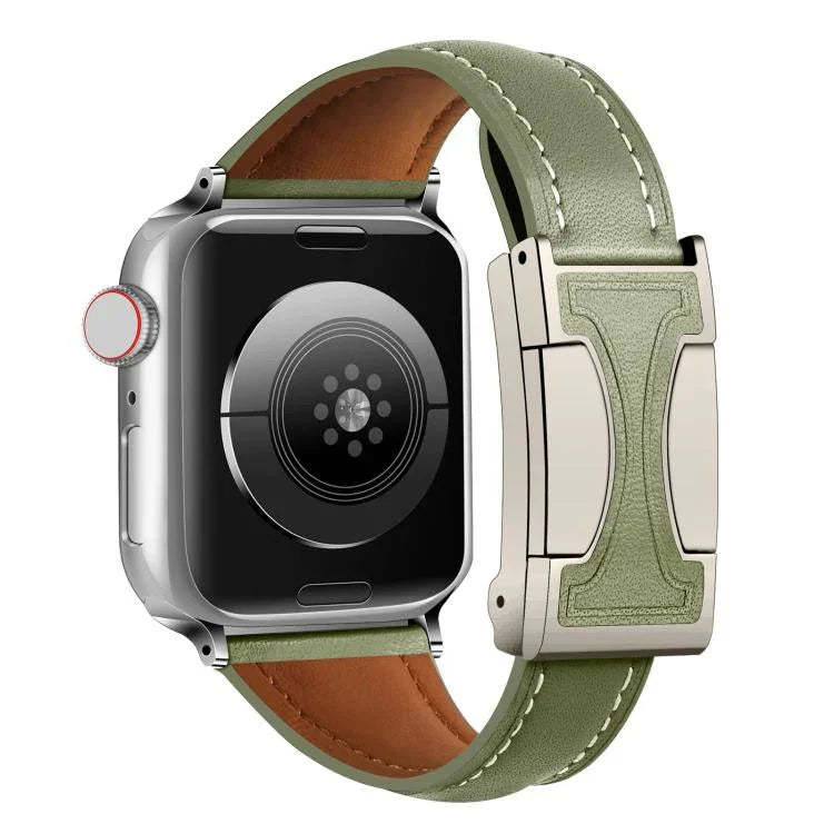 Bracelet de montre en cuir véritable uni, fin et à boucle magnétique, compatible avec Apple Watch 46 mm / 49 mm / 45 mm / 44 mm et Apple Watch 42 mm / 41 mm / 40 mm / 38 mm.