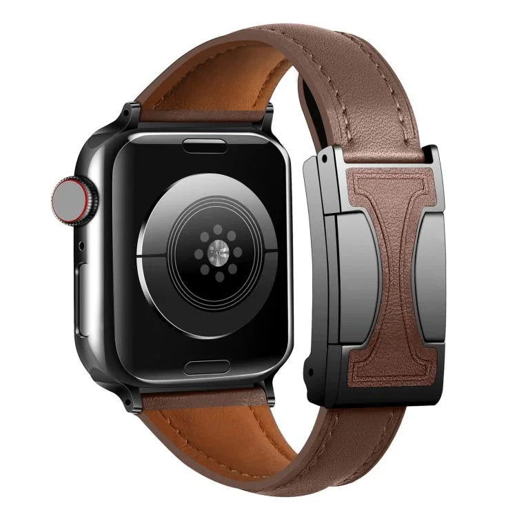 Bracelet de montre en cuir véritable uni, fin et à boucle magnétique, compatible avec Apple Watch 46 mm / 49 mm / 45 mm / 44 mm et Apple Watch 42 mm / 41 mm / 40 mm / 38 mm.